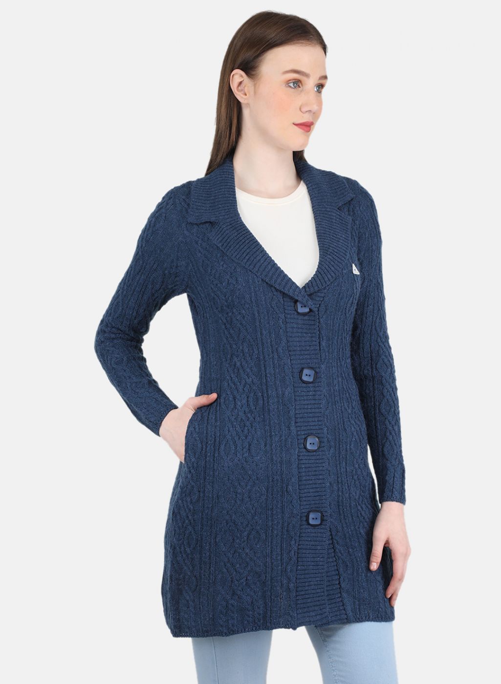 Women Blue Self Design Cardigan