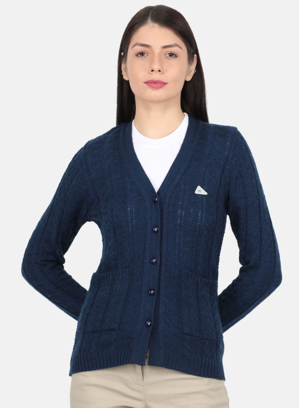 Women Navy Blue Self Design Cardigan