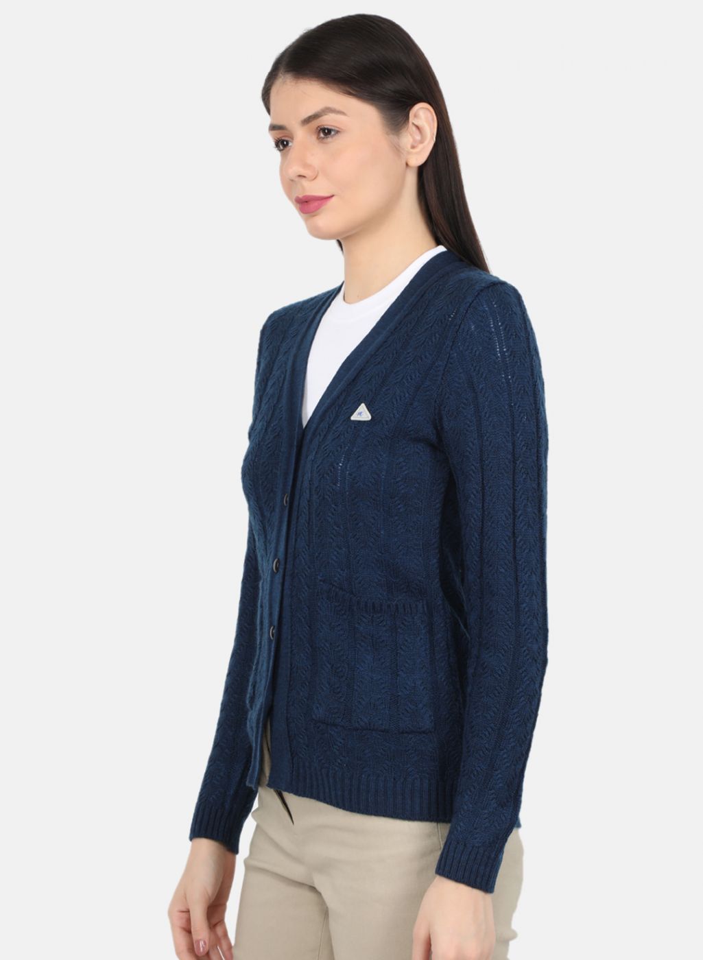 Women Navy Blue Self Design Cardigan