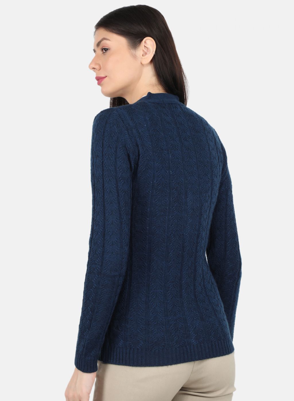 Women Navy Blue Self Design Cardigan