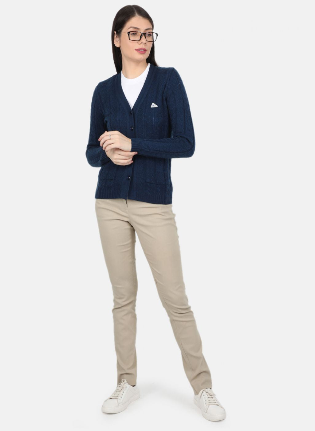 Women Navy Blue Self Design Cardigan