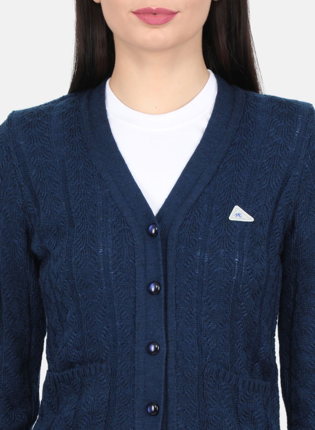 Women Navy Blue Self Design Cardigan