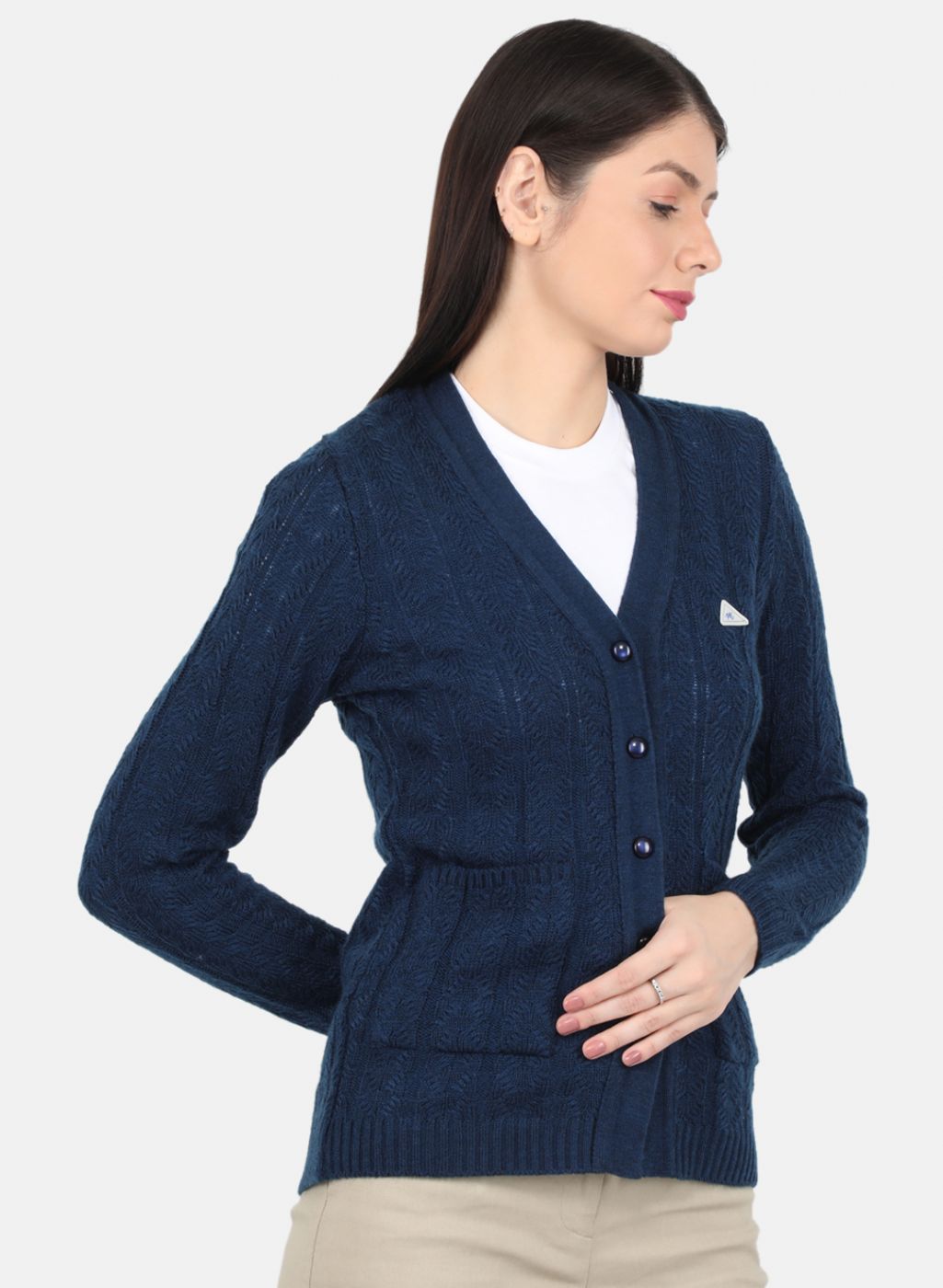 Women Navy Blue Self Design Cardigan