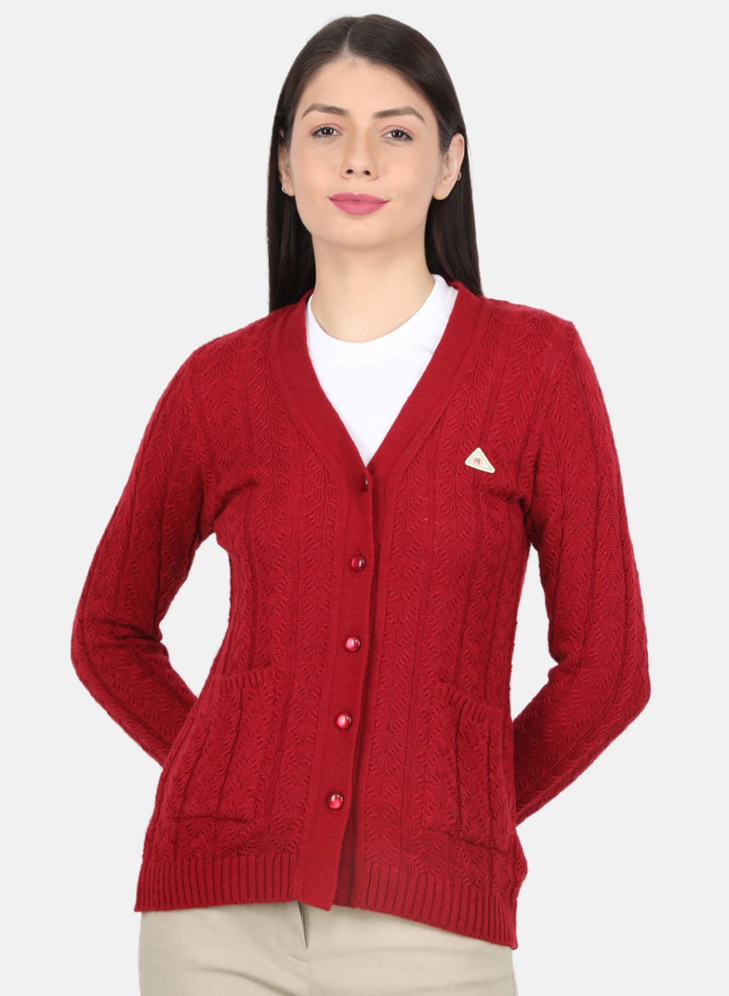 Women Maroon Self Design Cardigan