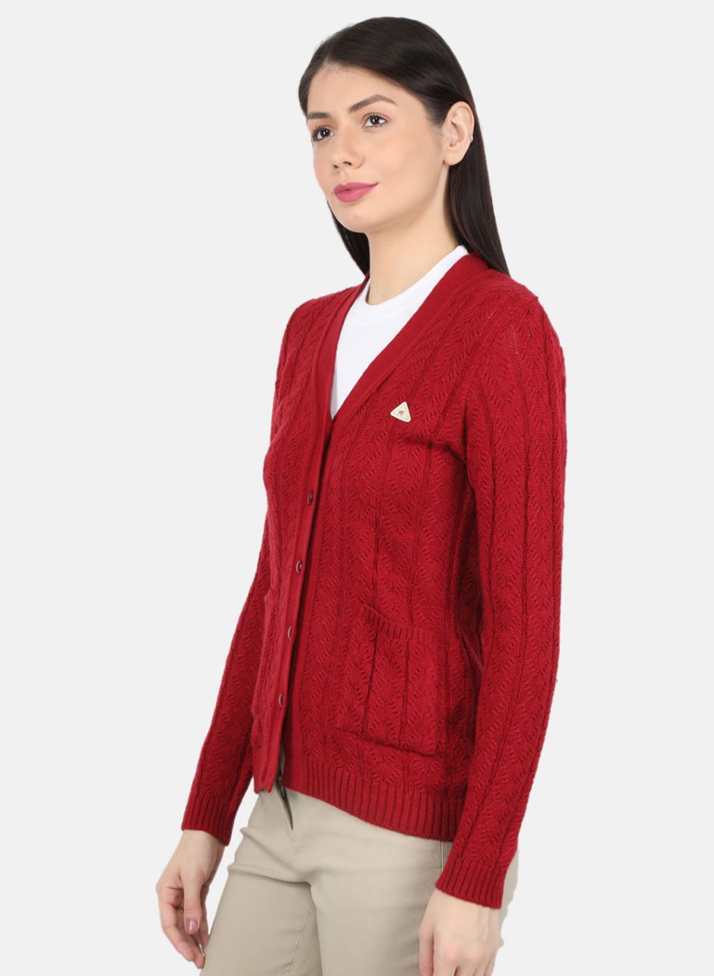 Women Maroon Self Design Cardigan