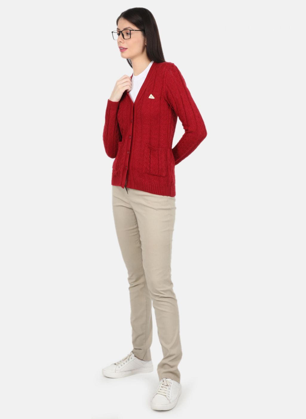 Women Maroon Self Design Cardigan