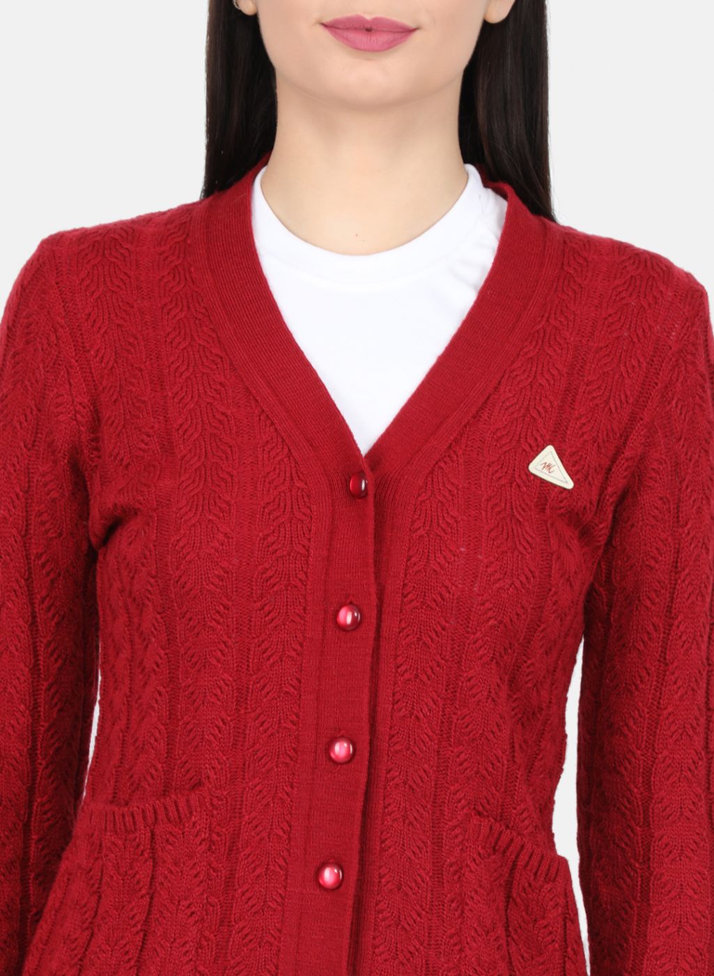 Women Maroon Self Design Cardigan