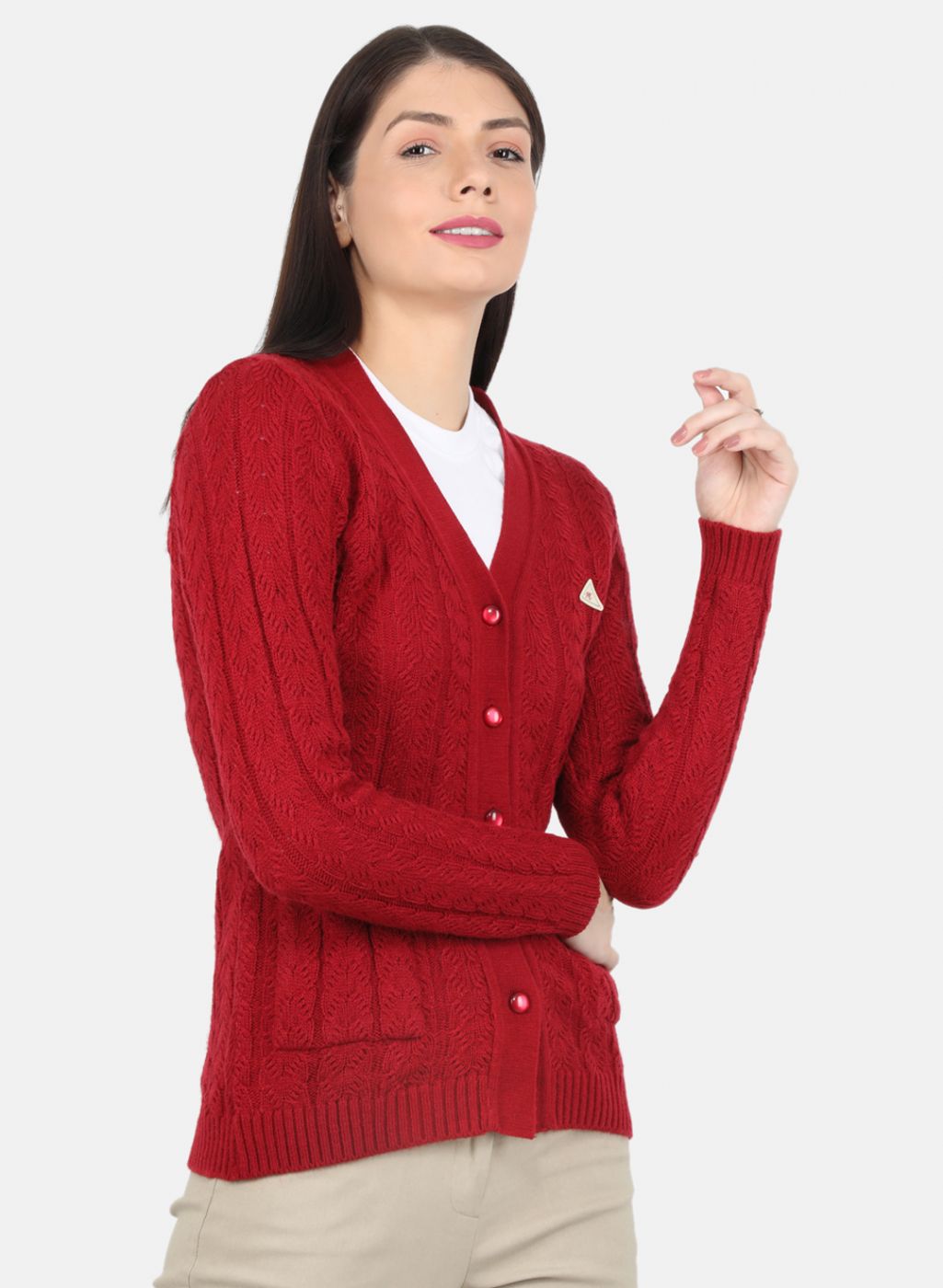 Women Maroon Self Design Cardigan