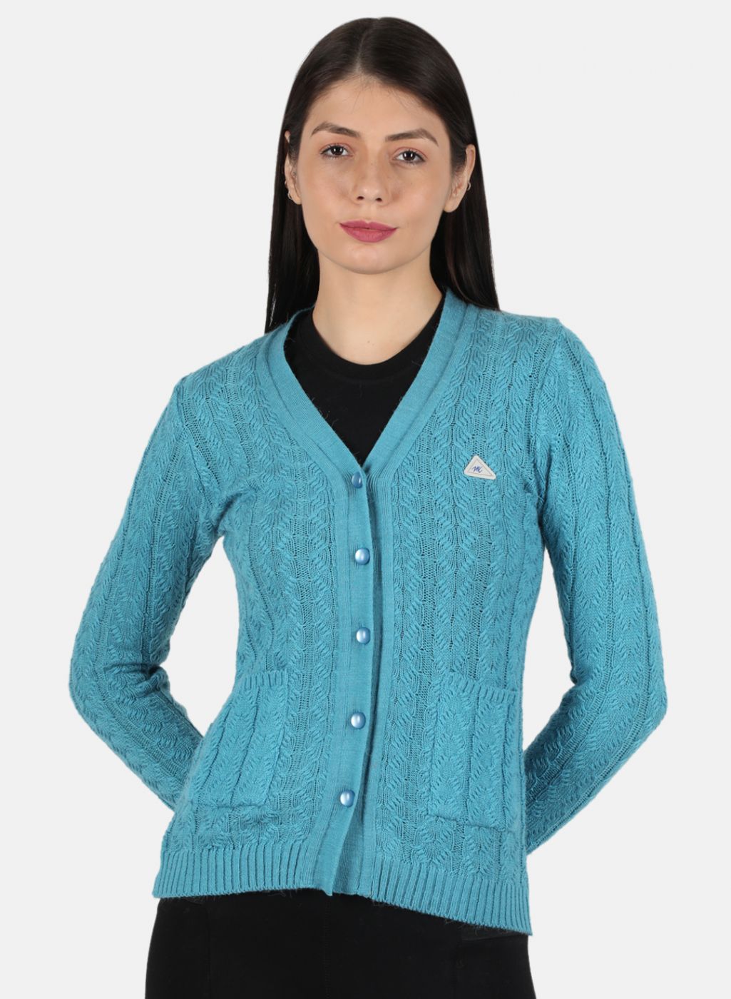 Women Blue Self Design Cardigan