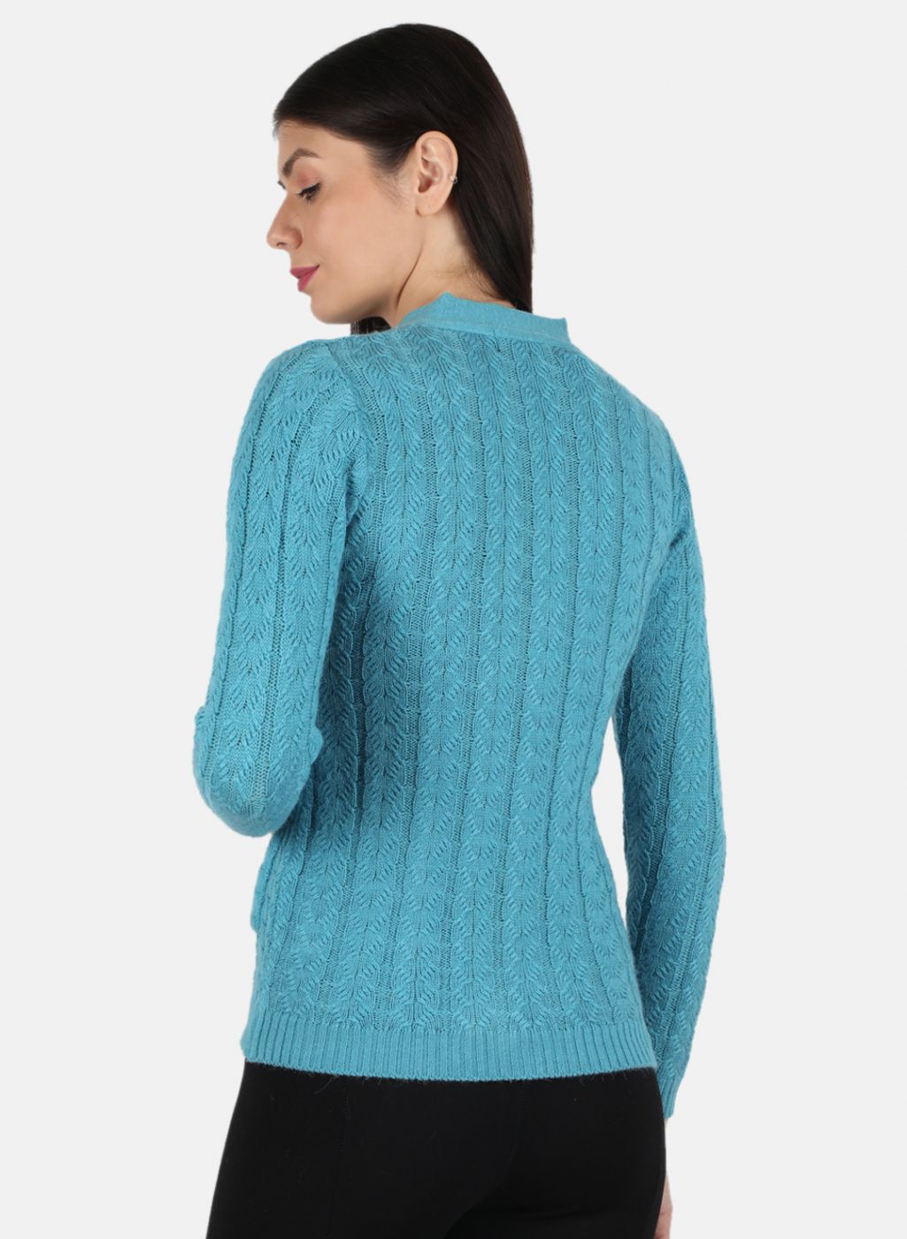 Women Blue Self Design Cardigan