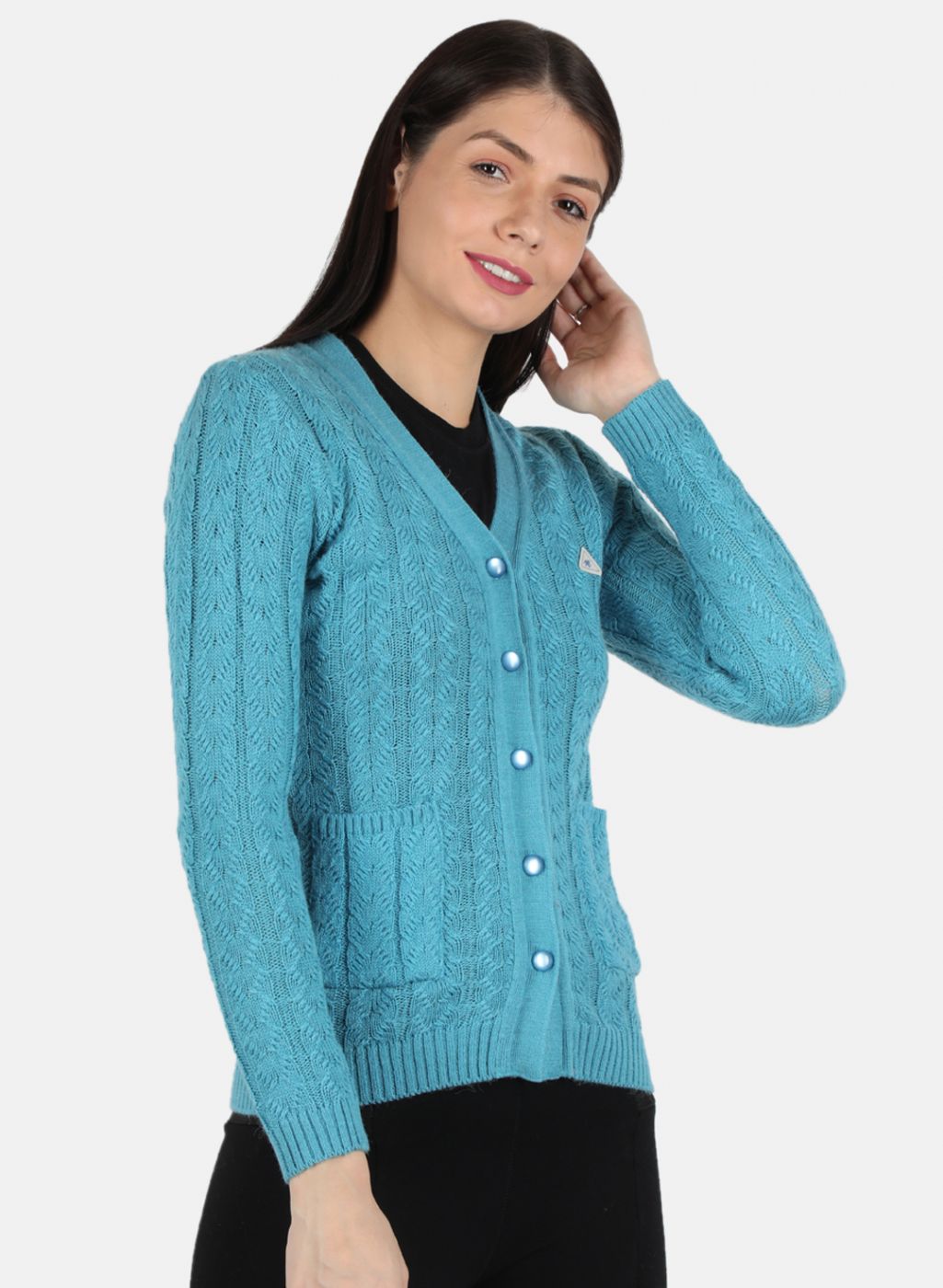 Women Blue Self Design Cardigan