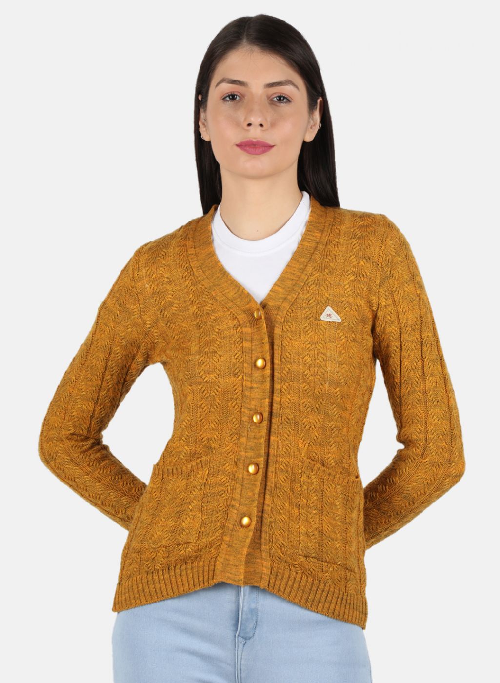 Women Yellow Self Design Cardigan