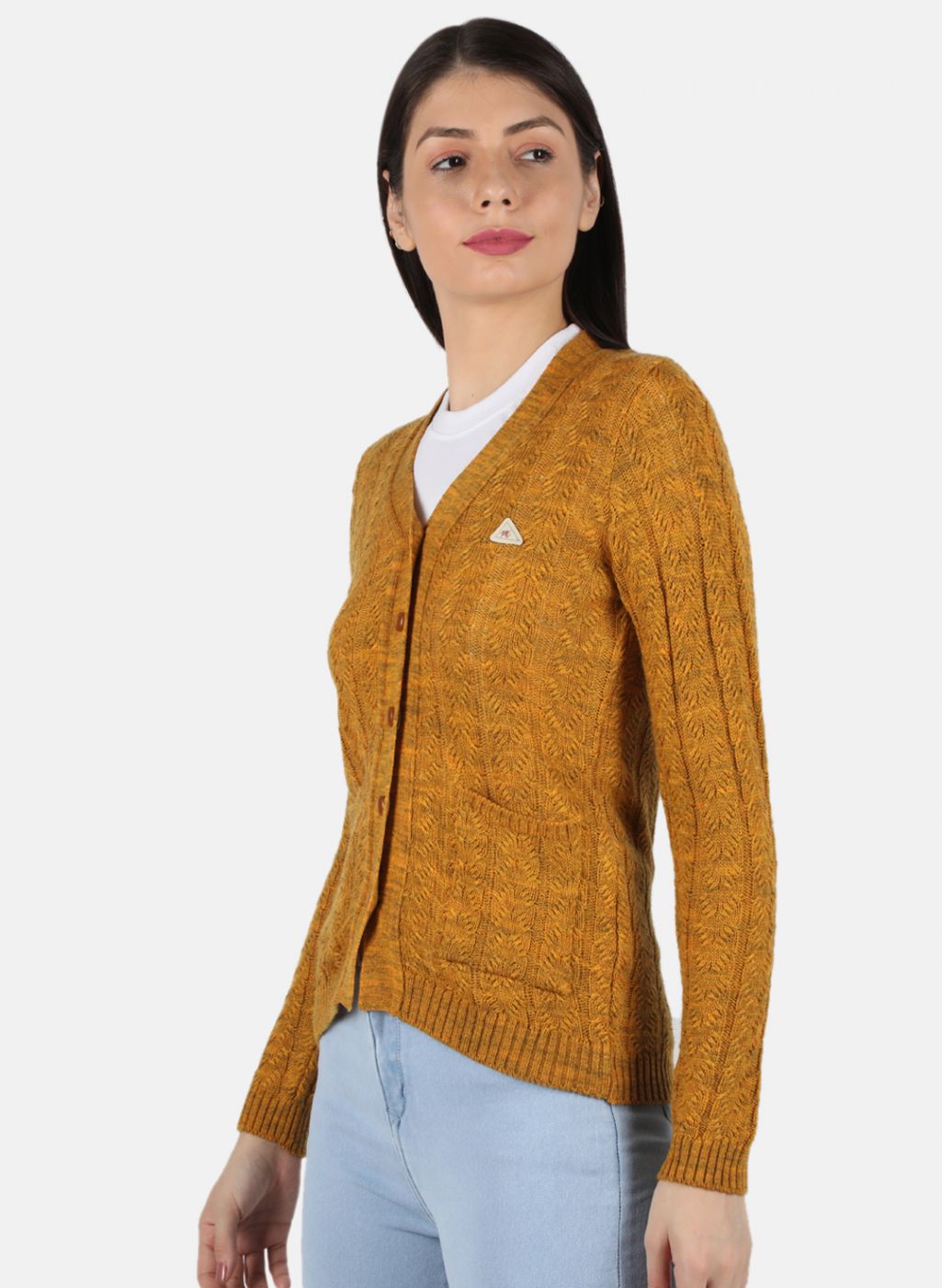 Women Yellow Self Design Cardigan