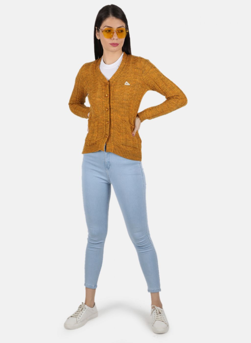 Women Yellow Self Design Cardigan