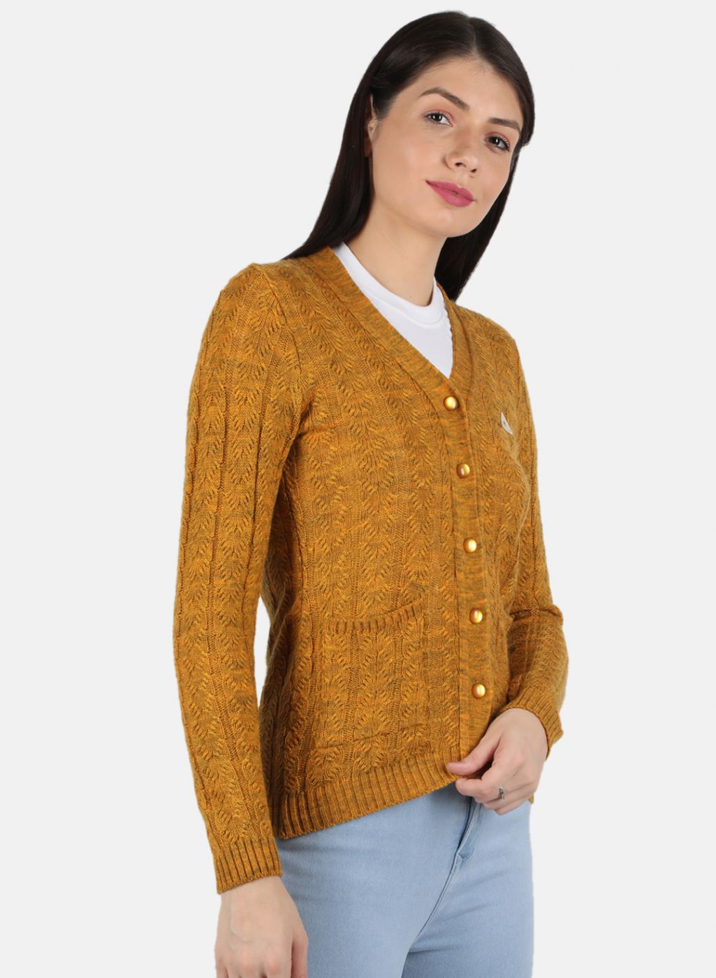 Women Yellow Self Design Cardigan