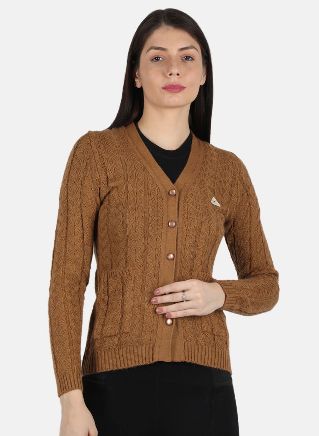 Women Brown Self Design Cardigan