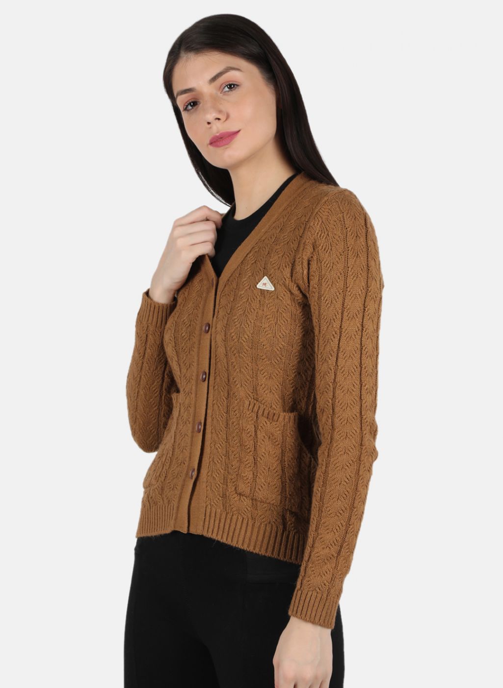 Women Brown Self Design Cardigan