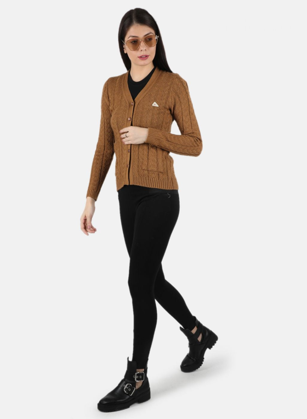 Women Brown Self Design Cardigan