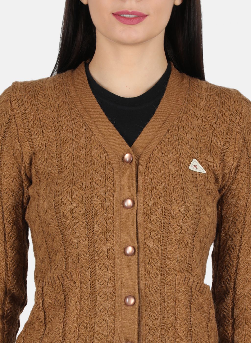 Women Brown Self Design Cardigan