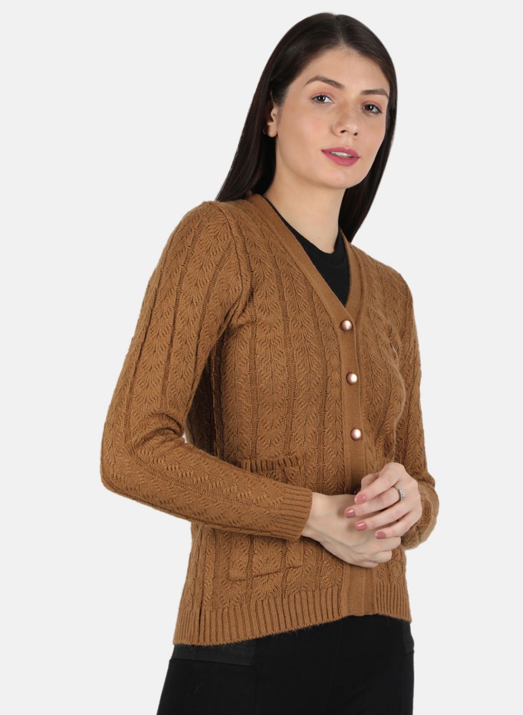 Women Brown Self Design Cardigan