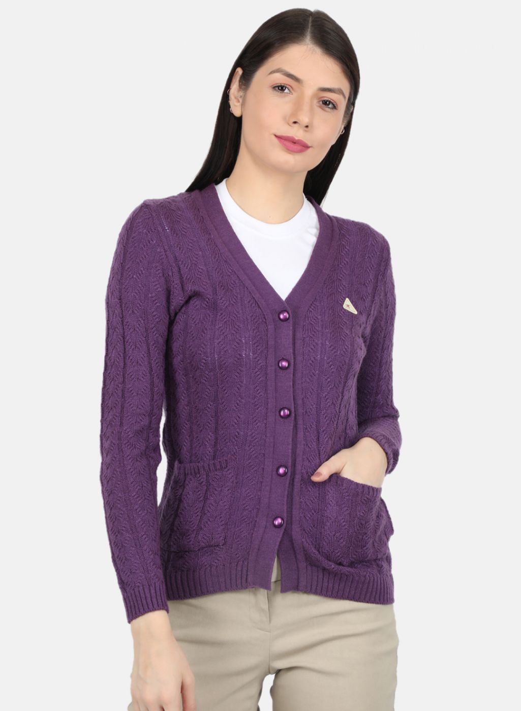 Women Purple Self Design Cardigan