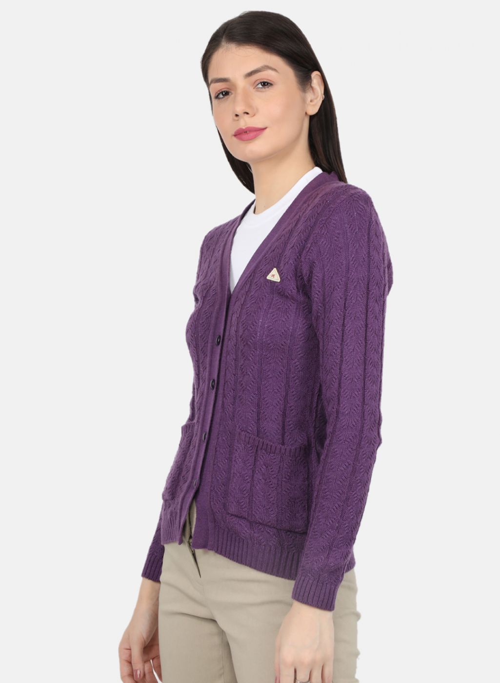 Women Purple Self Design Cardigan