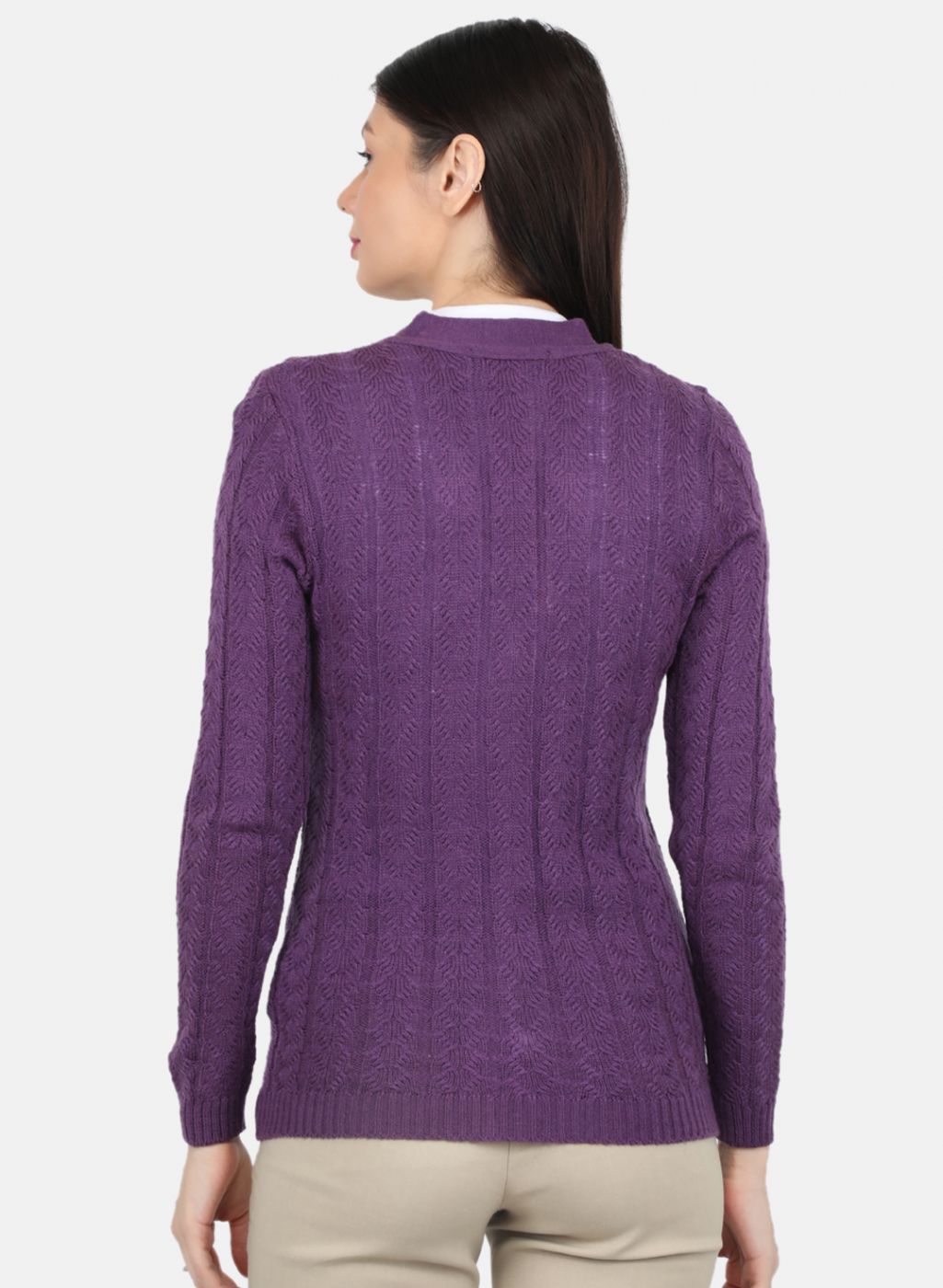 Women Purple Self Design Cardigan