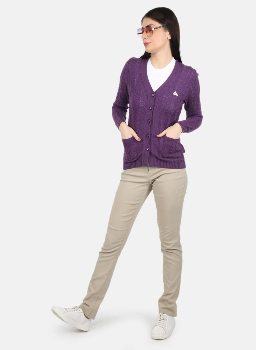 Women Purple Self Design Cardigan