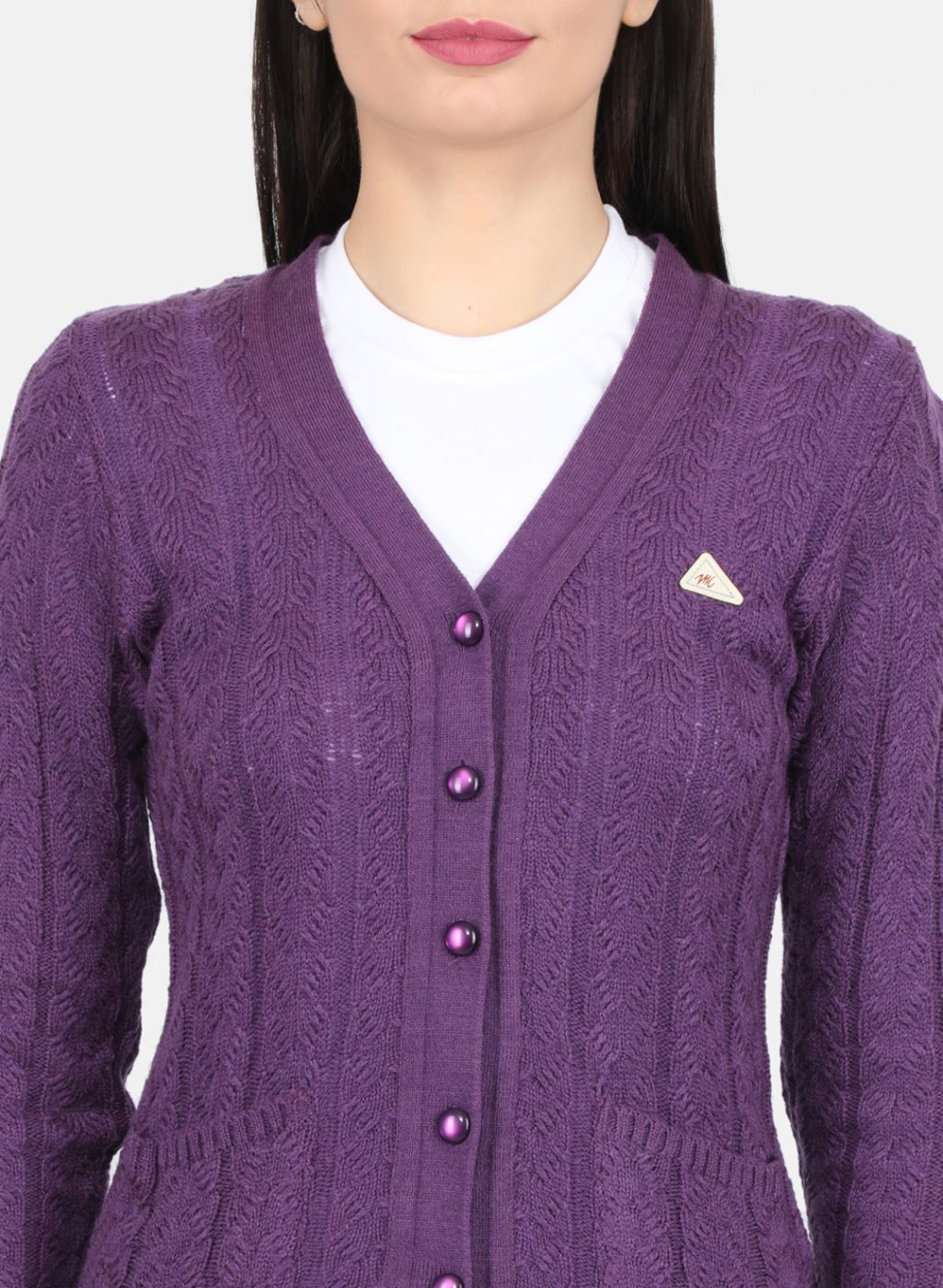 Women Purple Self Design Cardigan