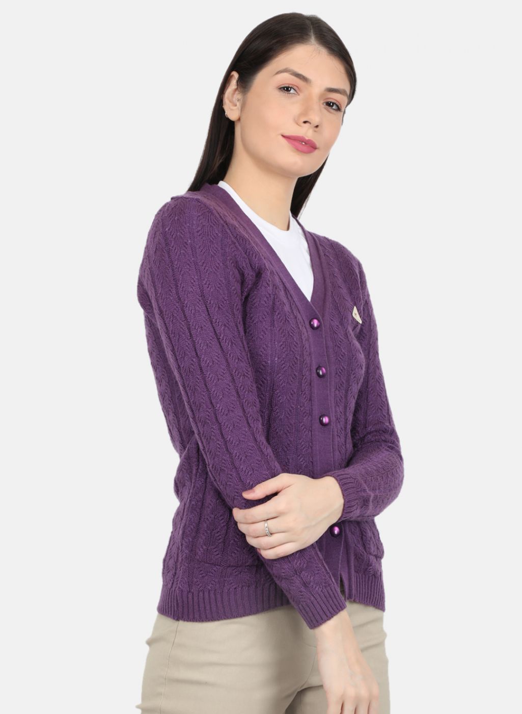 Women Purple Self Design Cardigan