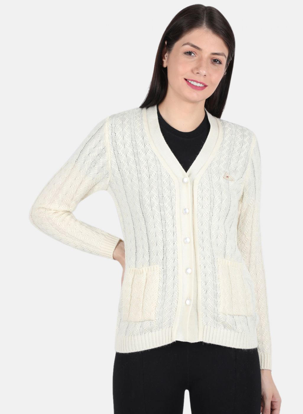 Women Off White Self Design Cardigan