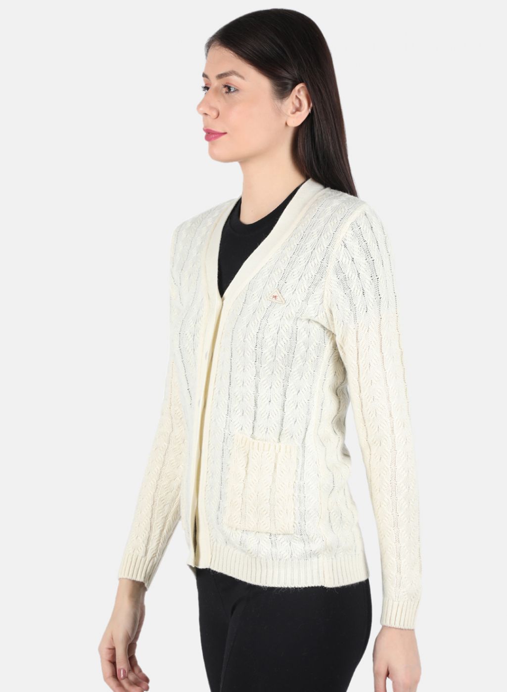 Women Off White Self Design Cardigan