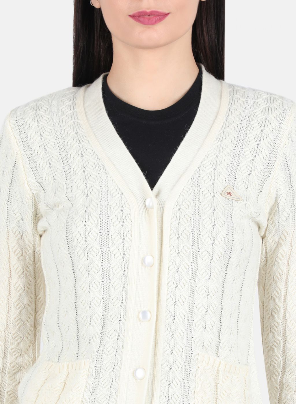 Women Off White Self Design Cardigan