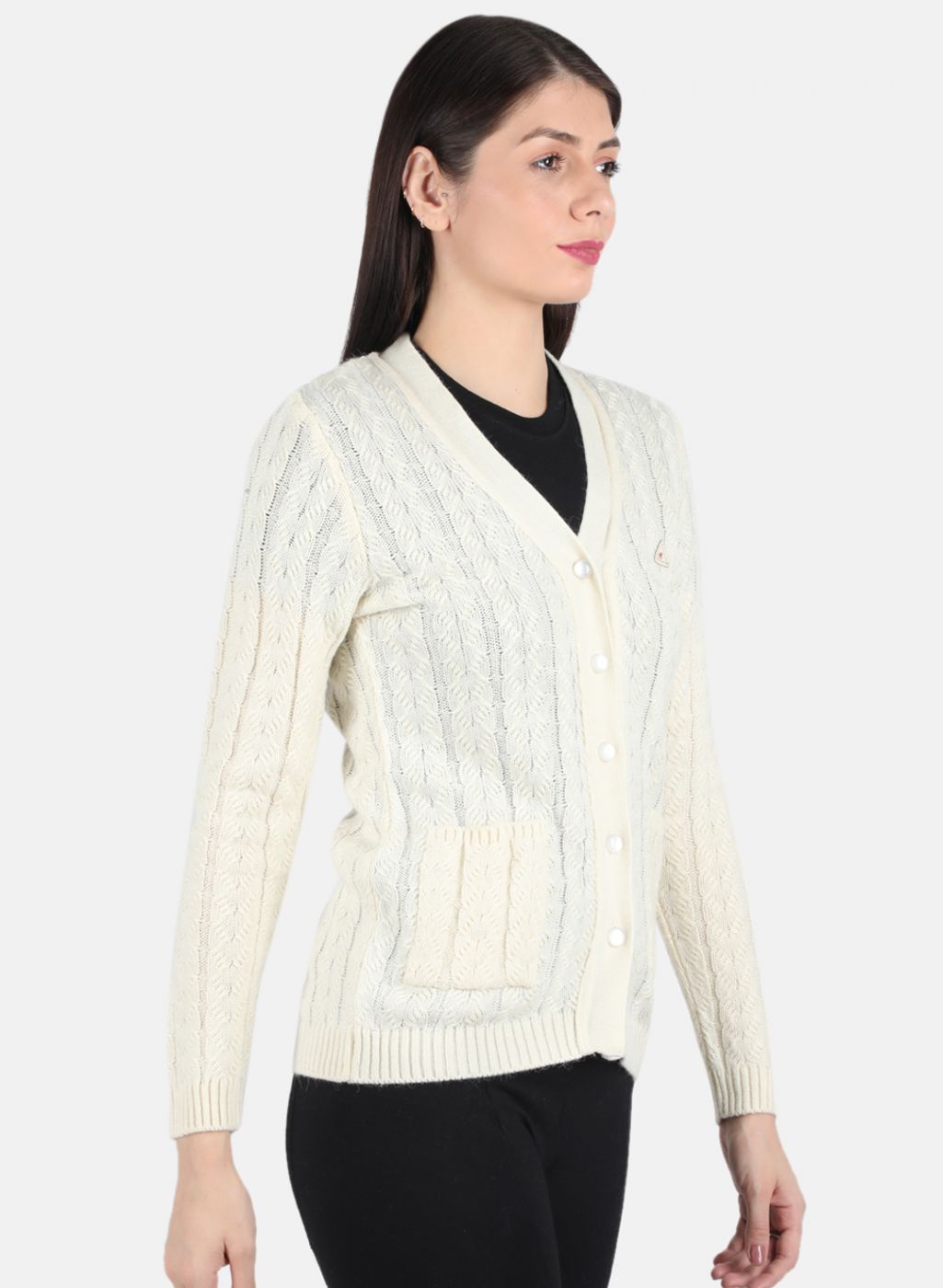 Women Off White Self Design Cardigan