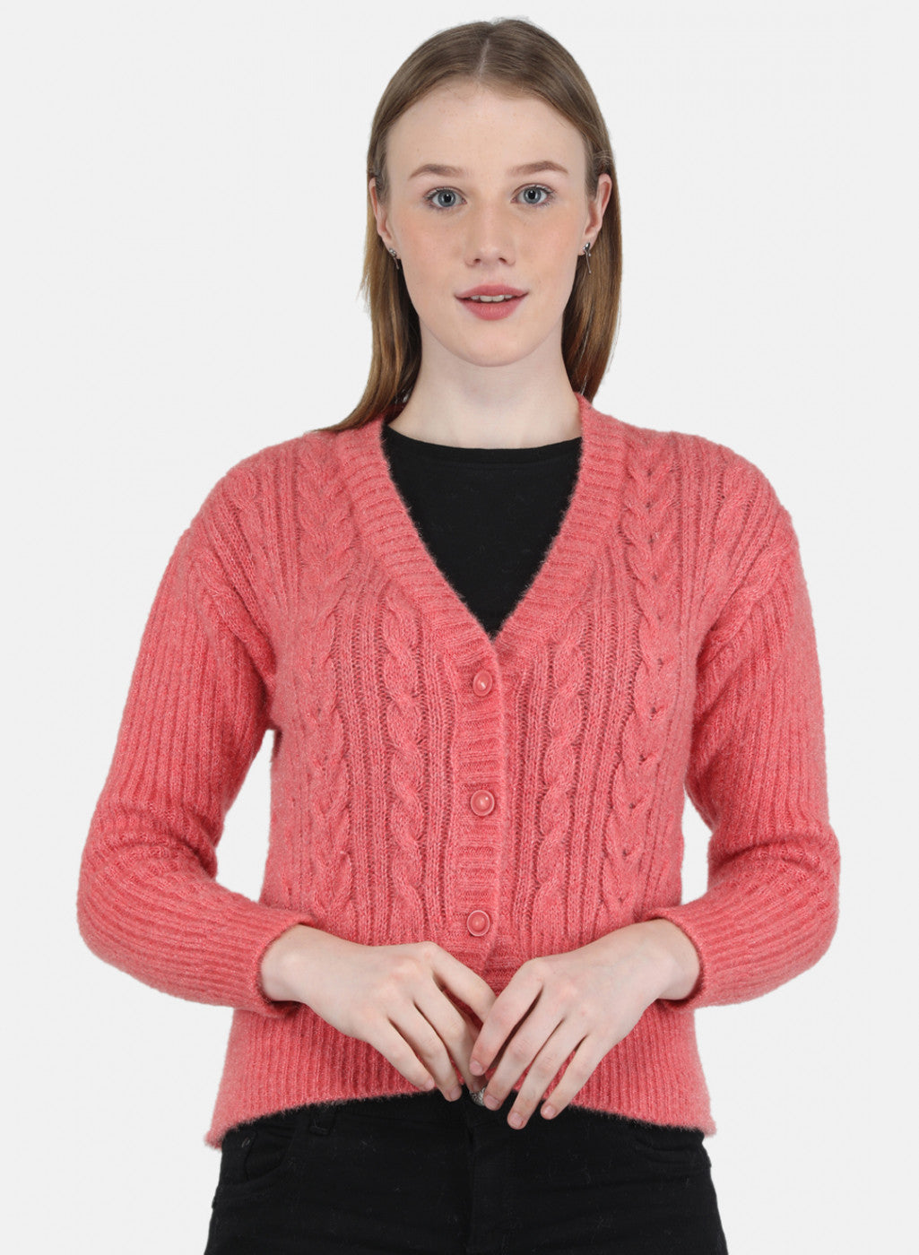 Women Pink Self Design Cardigan