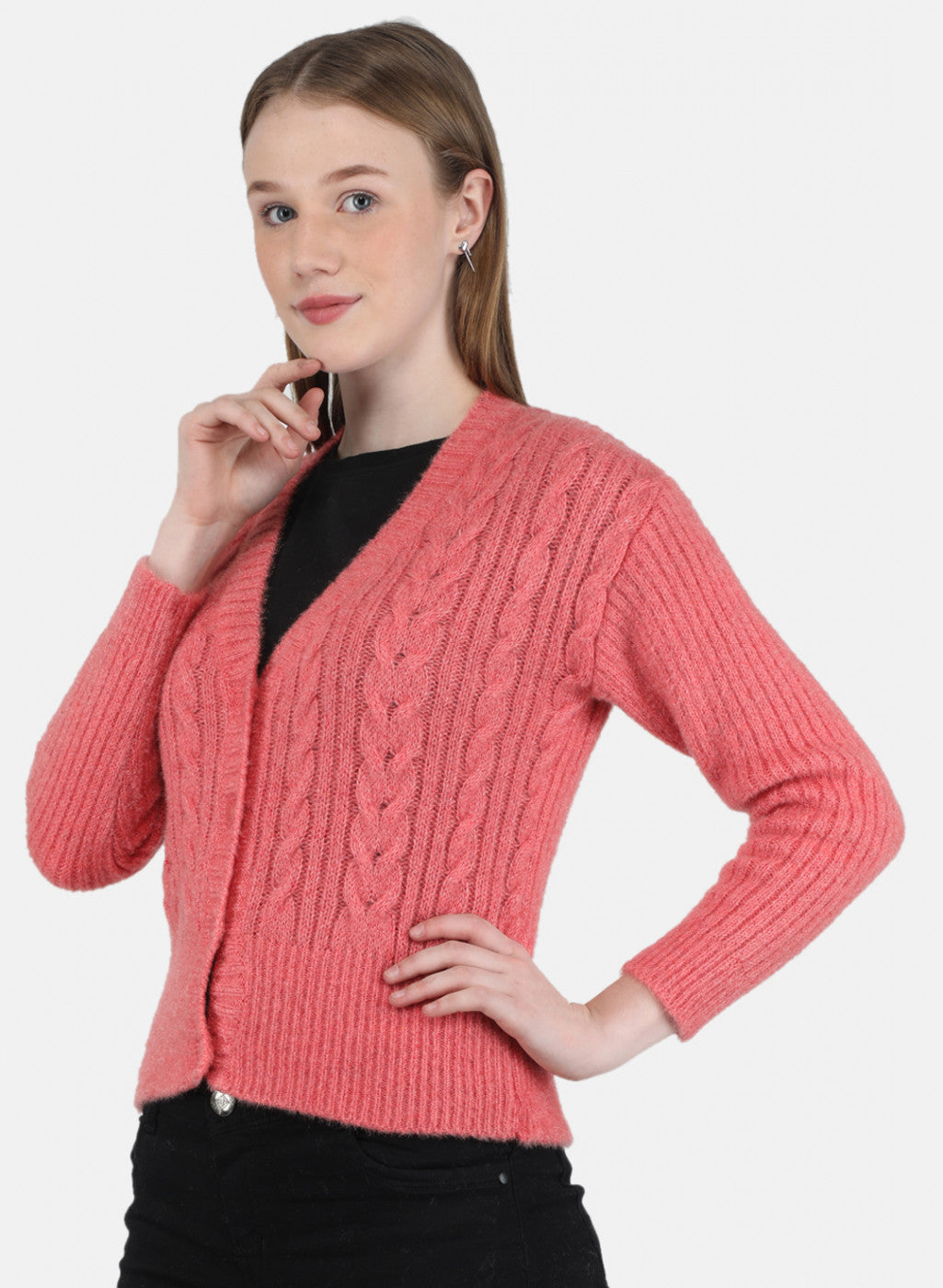 Women Pink Self Design Cardigan