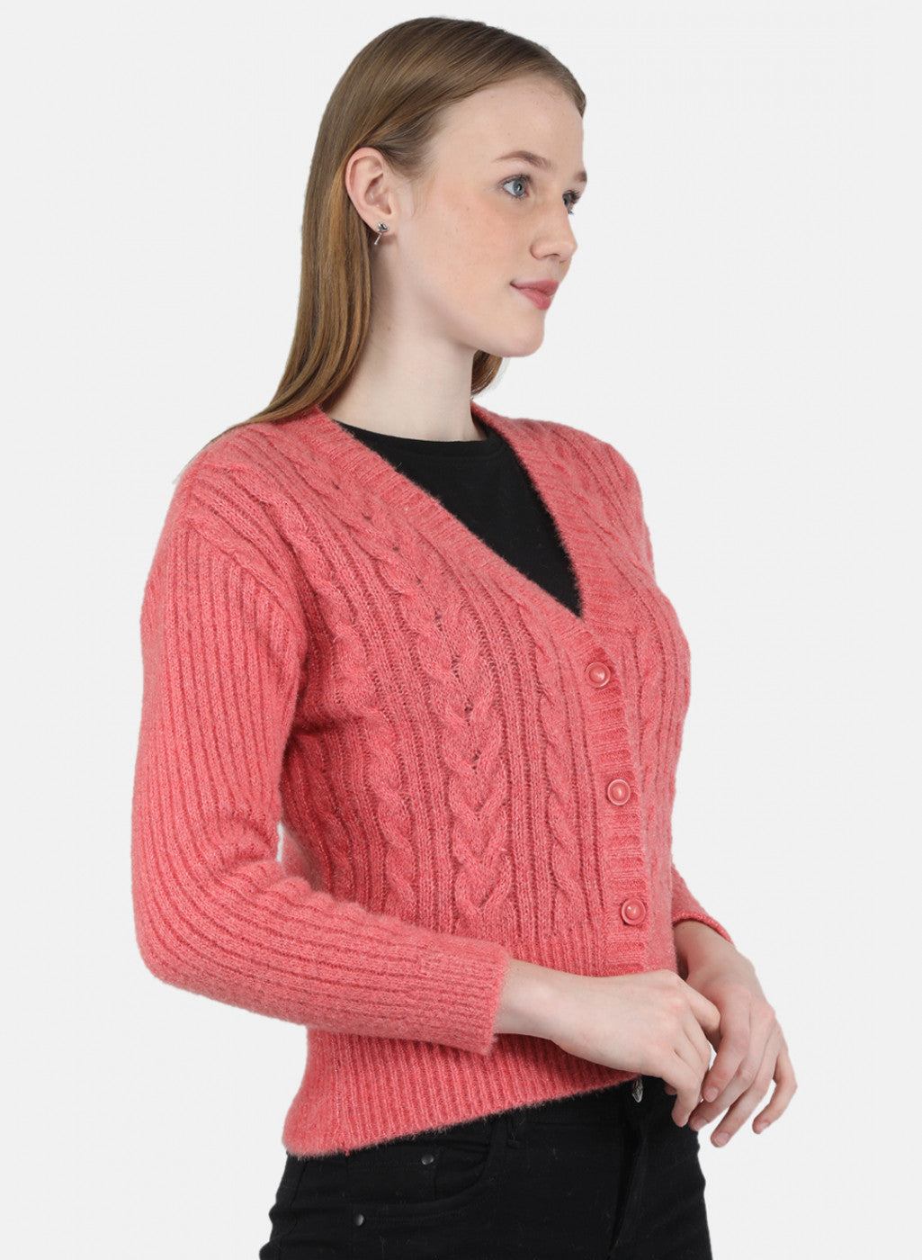 Women Pink Self Design Cardigan