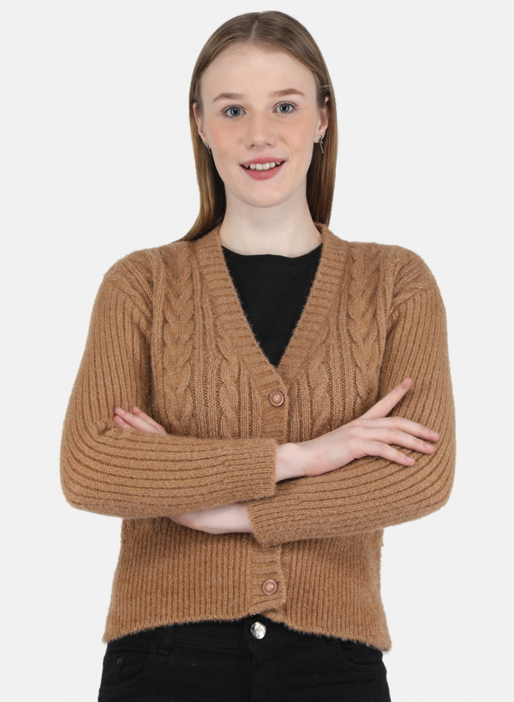 Women Camel Brown Self Design Cardigan