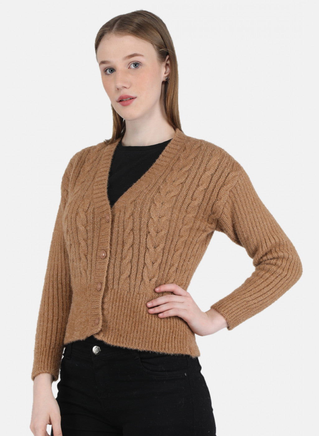 Women Camel Brown Self Design Cardigan