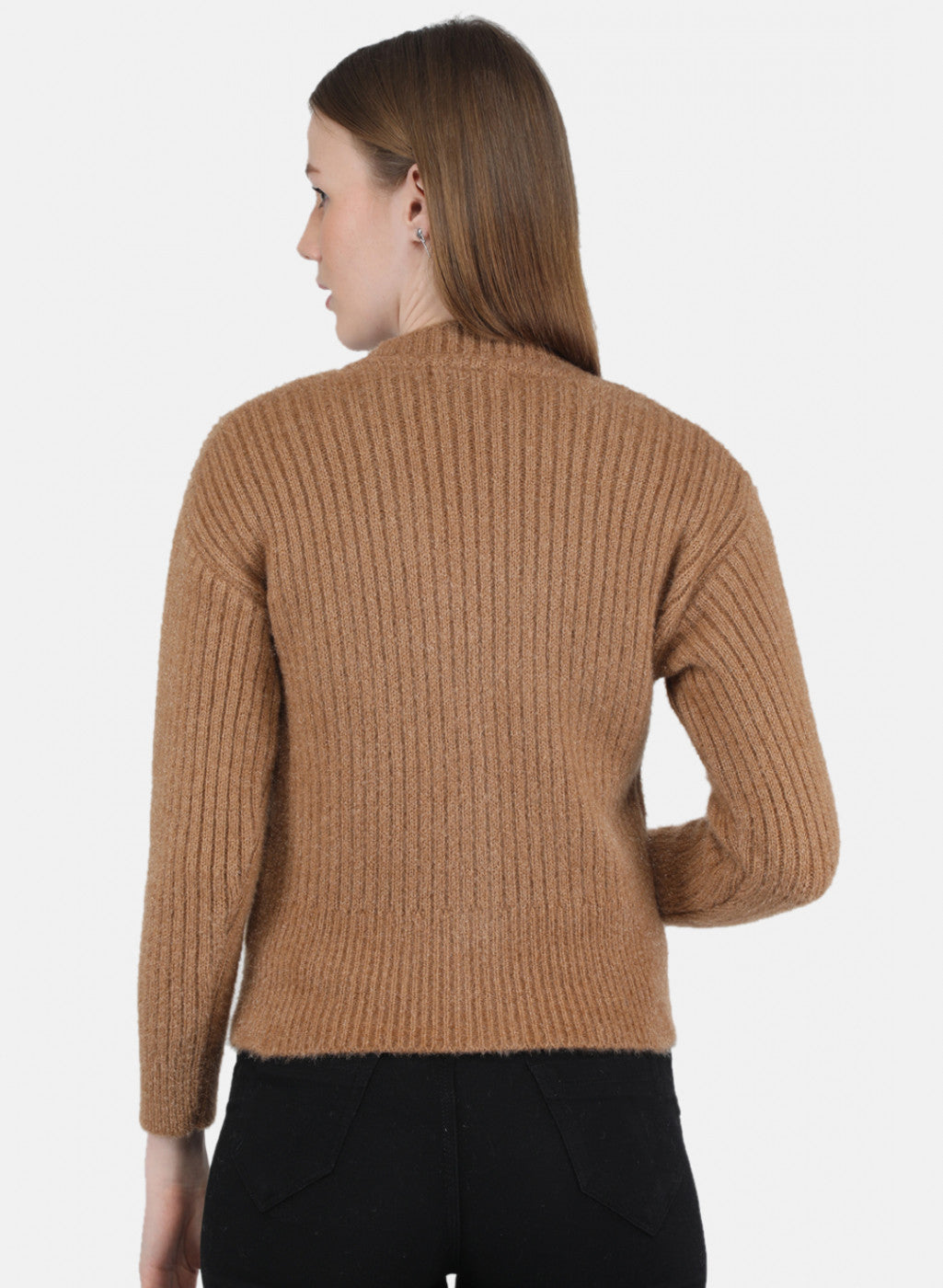 Women Camel Brown Self Design Cardigan