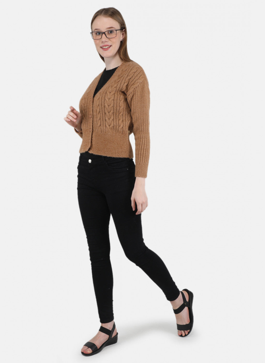 Women Camel Brown Self Design Cardigan