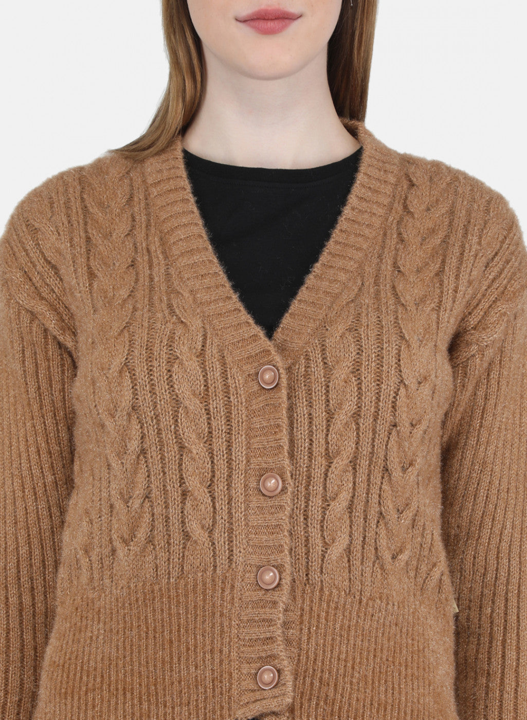 Women Camel Brown Self Design Cardigan