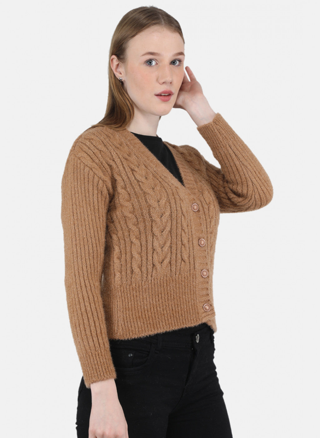 Women Camel Brown Self Design Cardigan