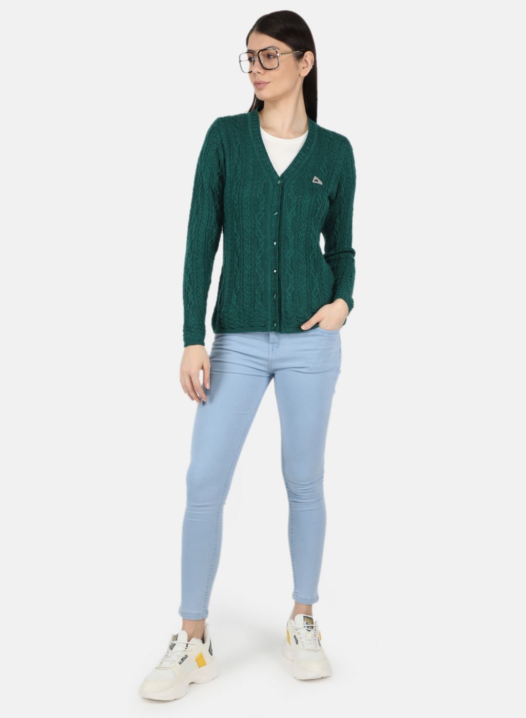 Women Green Self Design Cardigan