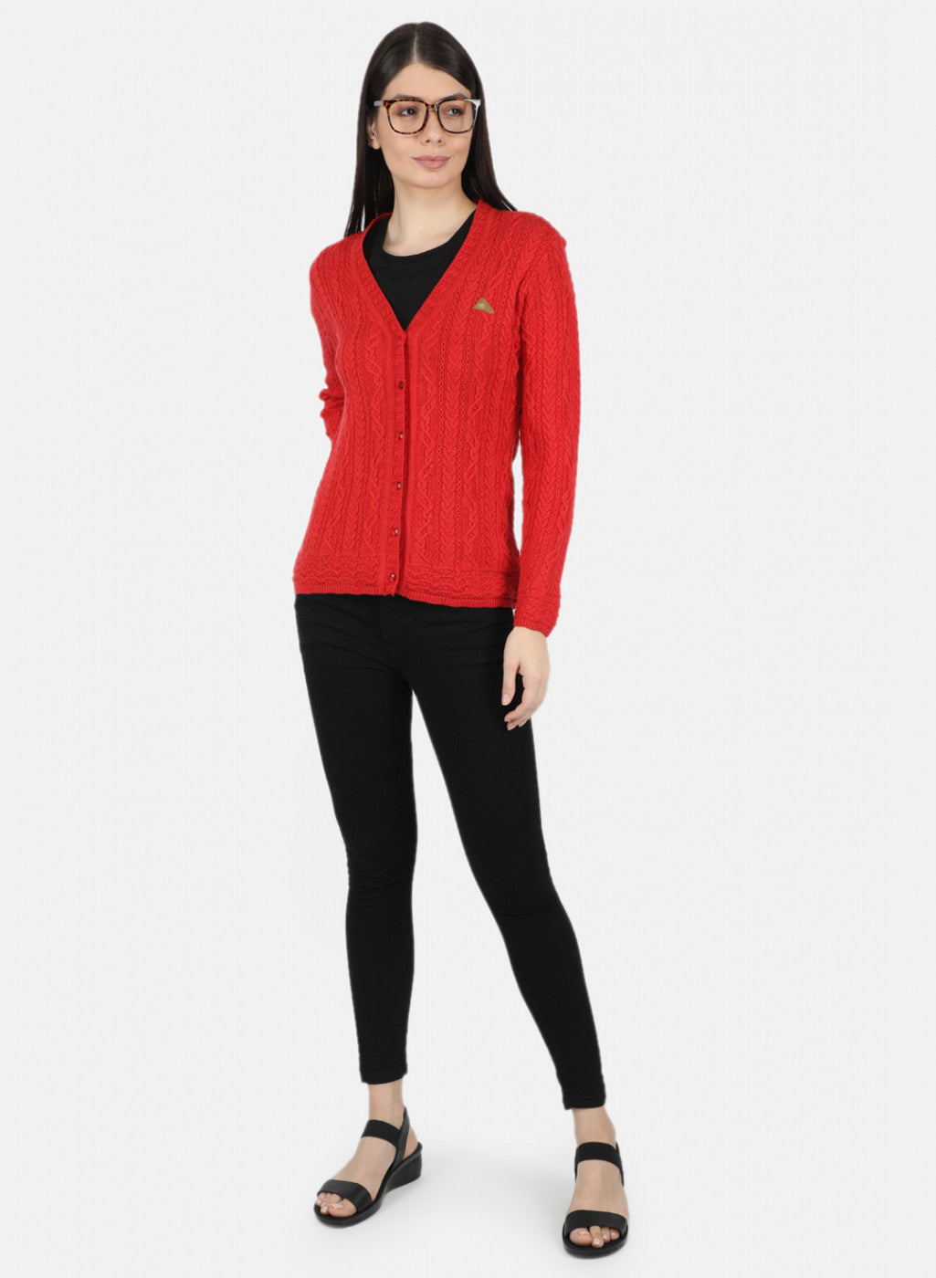 Women Red Self Design Cardigan