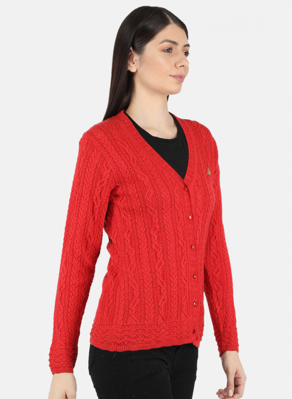 Women Red Self Design Cardigan