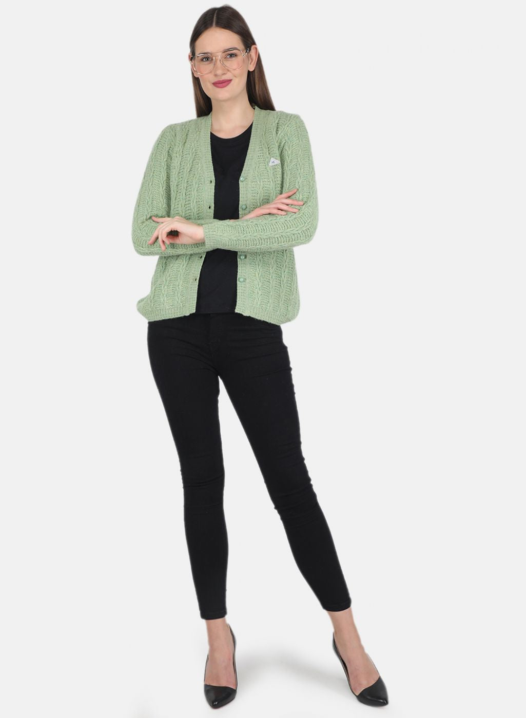 Women Green Self design Cardigan