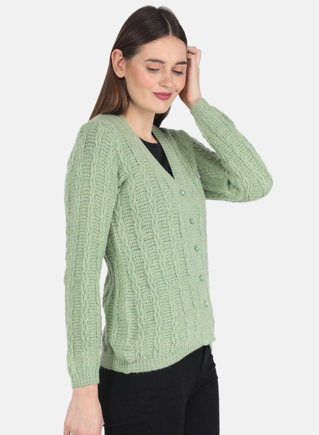 Women Green Self design Cardigan