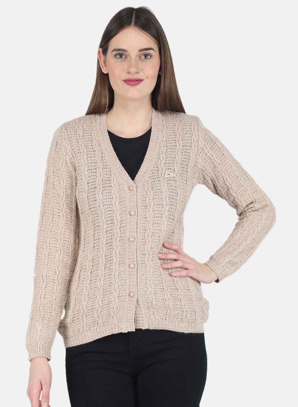 Women Beige Self design Cardigan