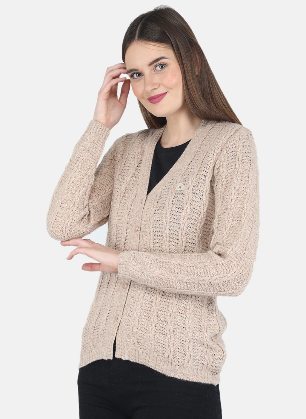 Women Beige Self design Cardigan